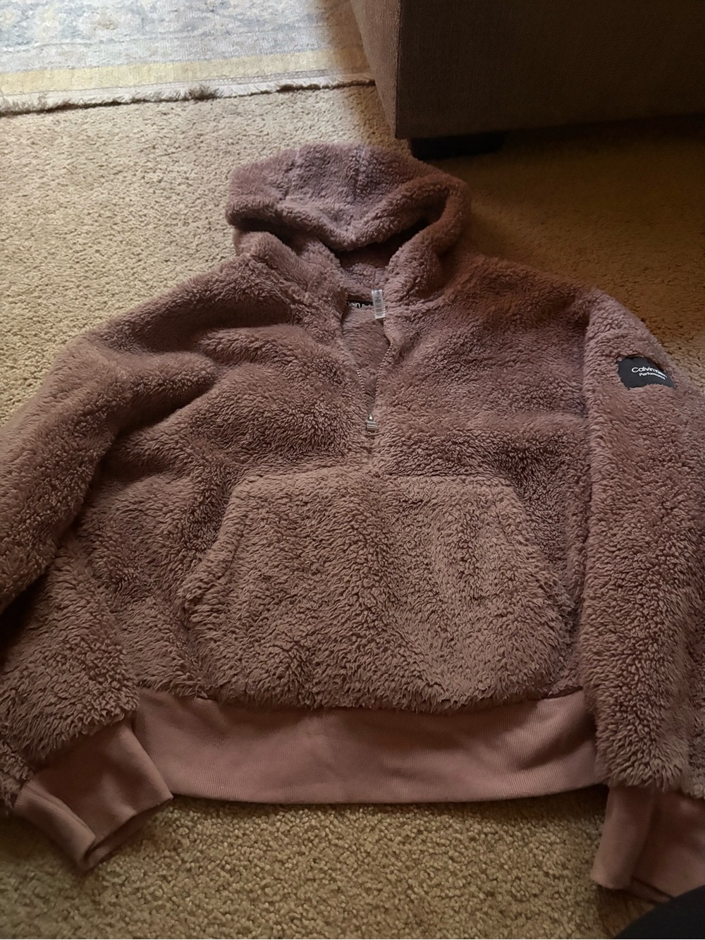 Calvin Klein Performance Plush Sherpa V-Neck Hoodie in Dusty Rose